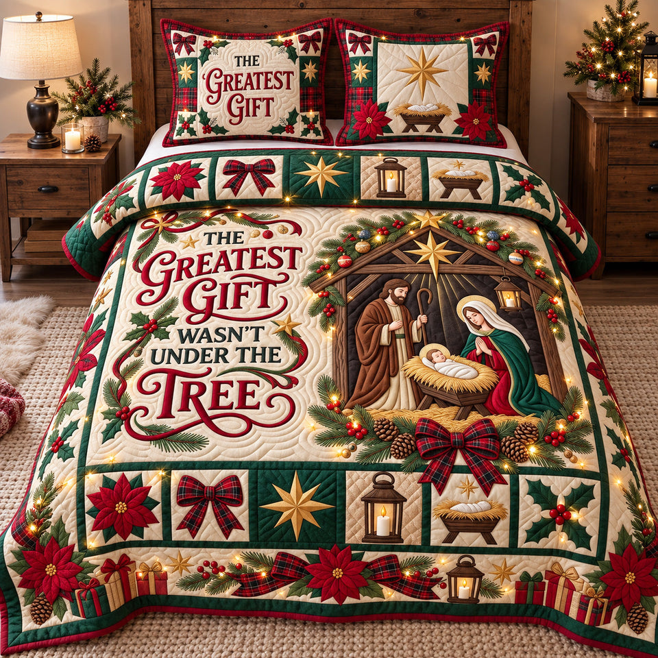Greatest Gift Nativity quilted bedding set, quilt and two pillow shams on a made bed