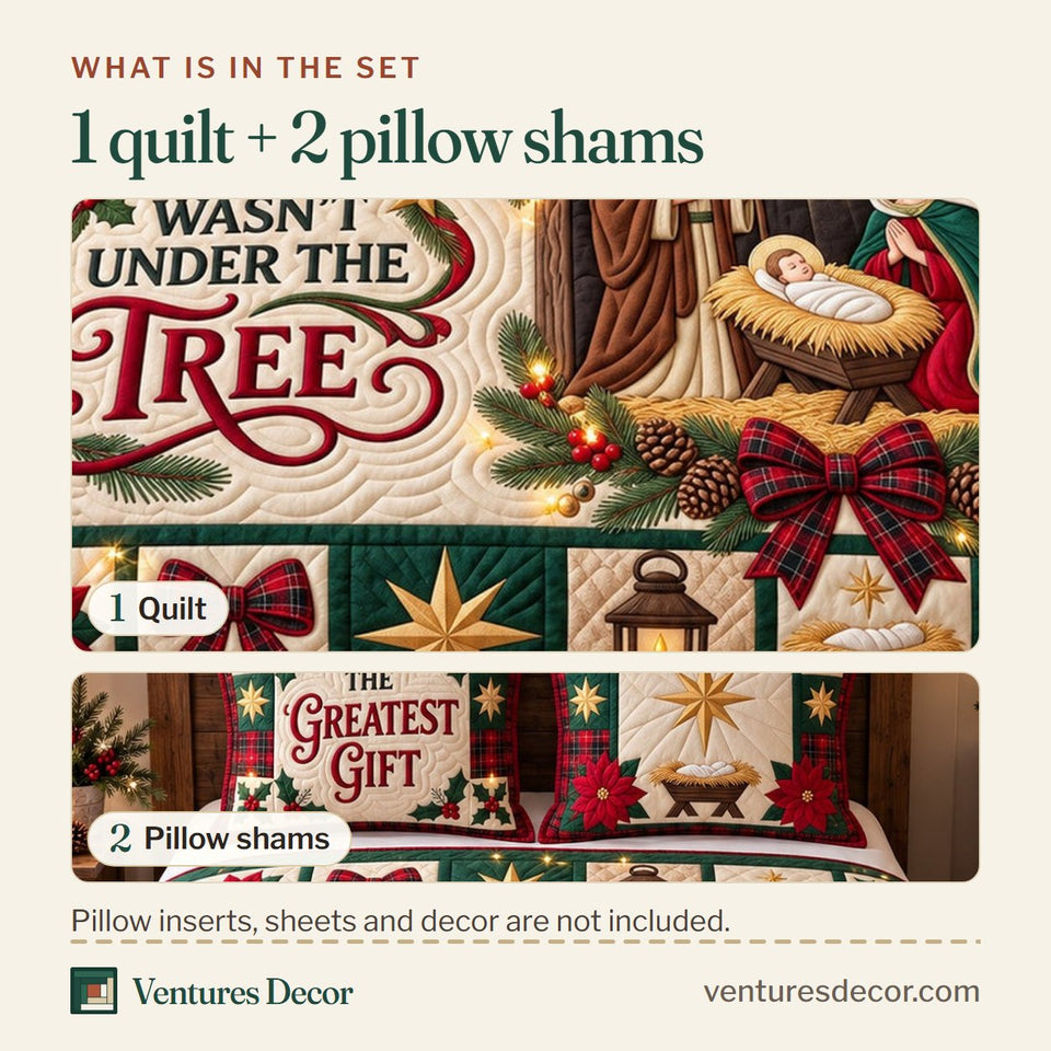 What is in the set: one quilt and two pillow shams, shown in the Christmas Greatest Gift Nativity Quilt Set, 3-Piece Quilted Bedding with 2 Pillow Shams design