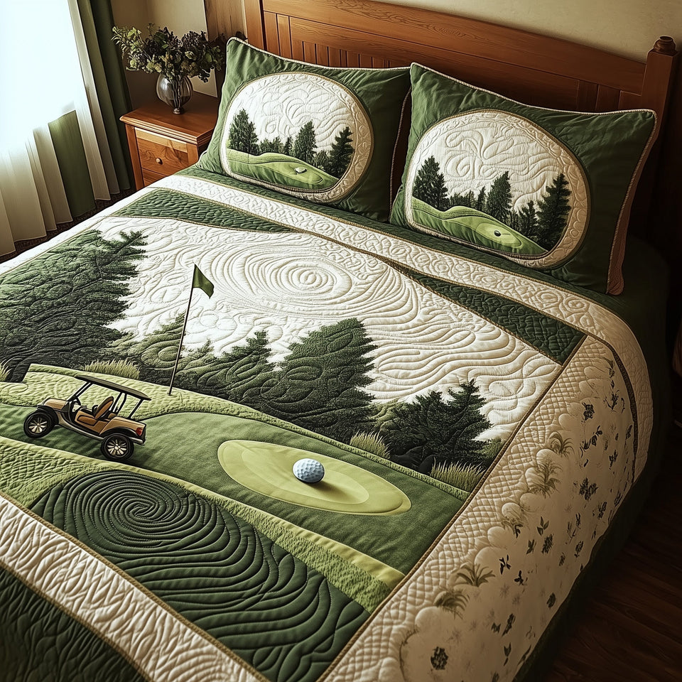Green Dream Quiet Course quilted bedding set, quilt and two pillow shams on a made bed