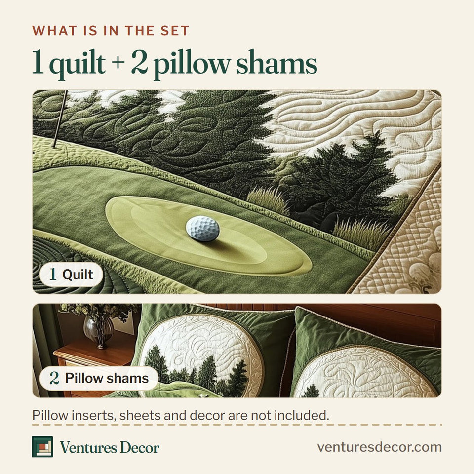 What is in the set: one quilt and two pillow shams, shown in the Green Dream Quiet Course design
