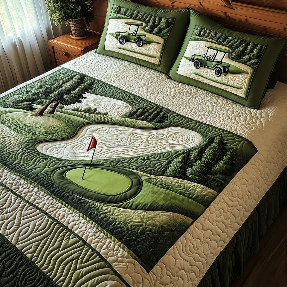Green Dream Red Flag Putting Green quilted bedding set, quilt and two pillow shams on a made bed