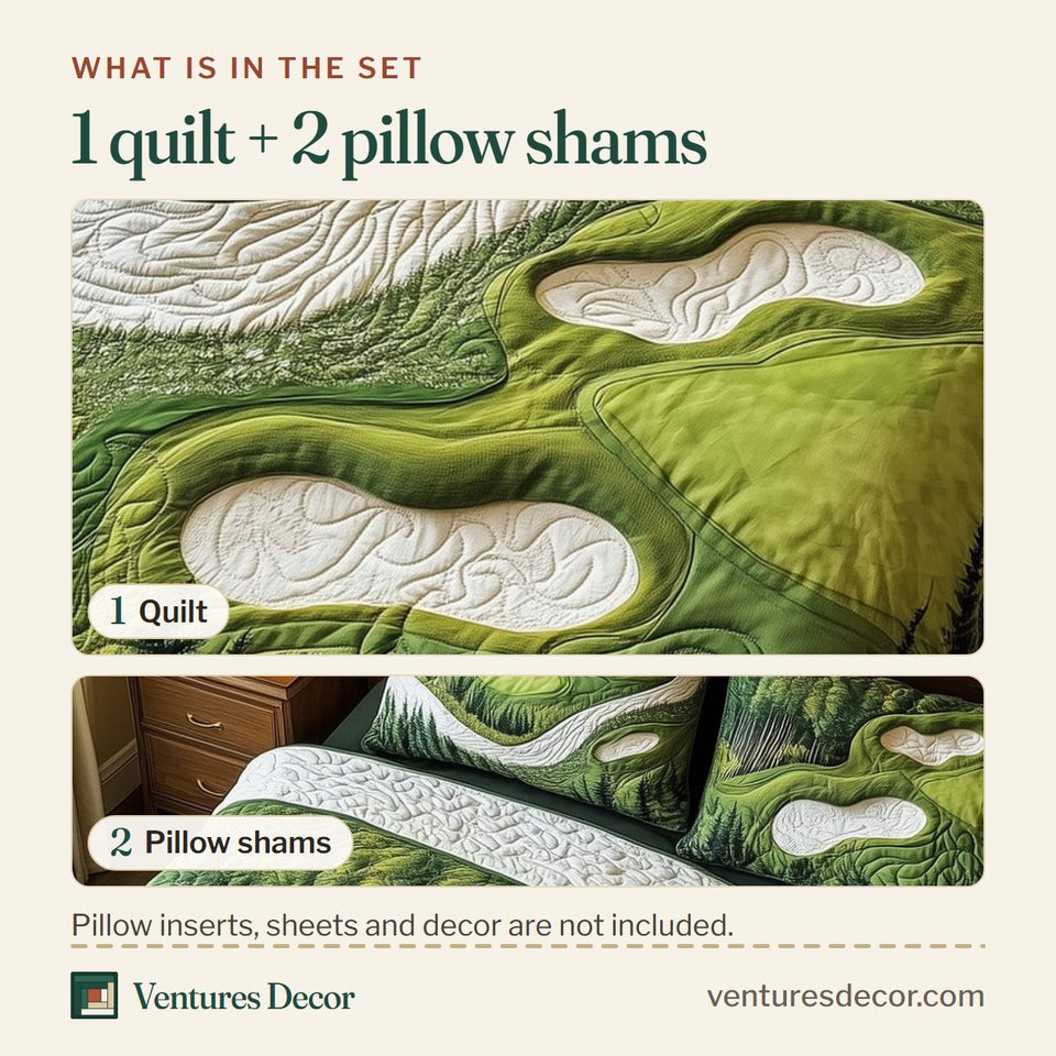What is in the set: one quilt and two pillow shams, shown in the Green Dream Rolling Sand Sweep design