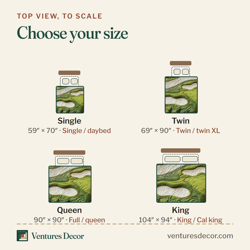 Size guide for the Green Dream Rolling Sand Sweep quilt, top view to scale: Single 59 x 70 in, Twin 69 x 90 in, Queen 90 x 90 in, King 104 x 94 in