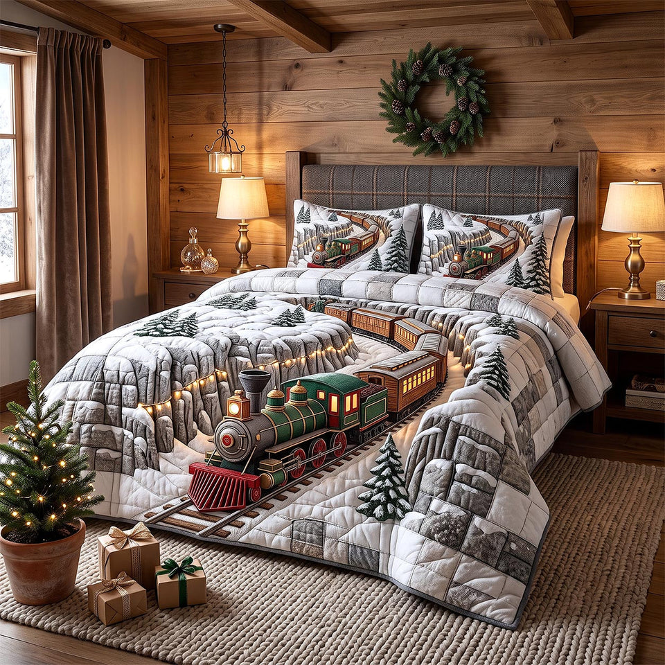 Green Engine Snowfield quilted bedding set, quilt and two pillow shams on a made bed