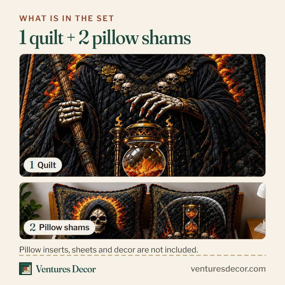What is in the set: one quilt and two pillow shams, shown in the Grim Reaper Hourglass design