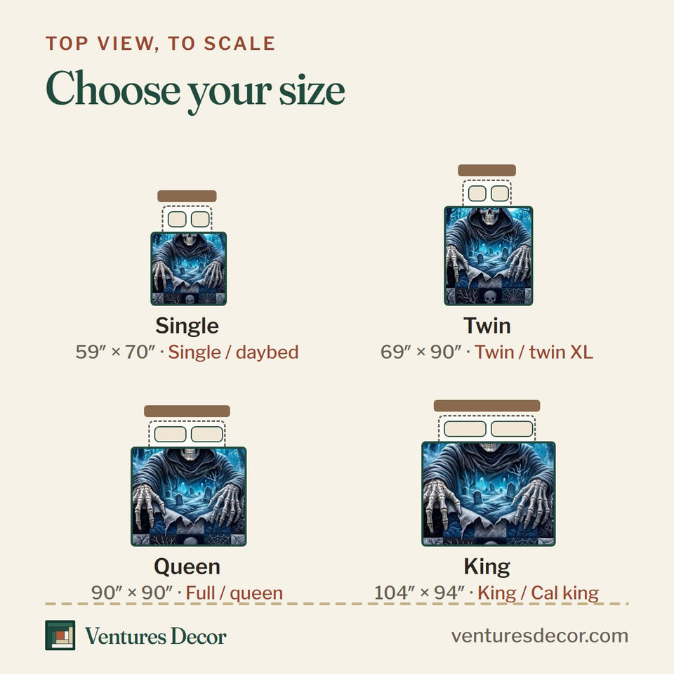 Size guide for the Grim Reaper quilt, top view to scale: Single 59 x 70 in, Twin 69 x 90 in, Queen 90 x 90 in, King 104 x 94 in