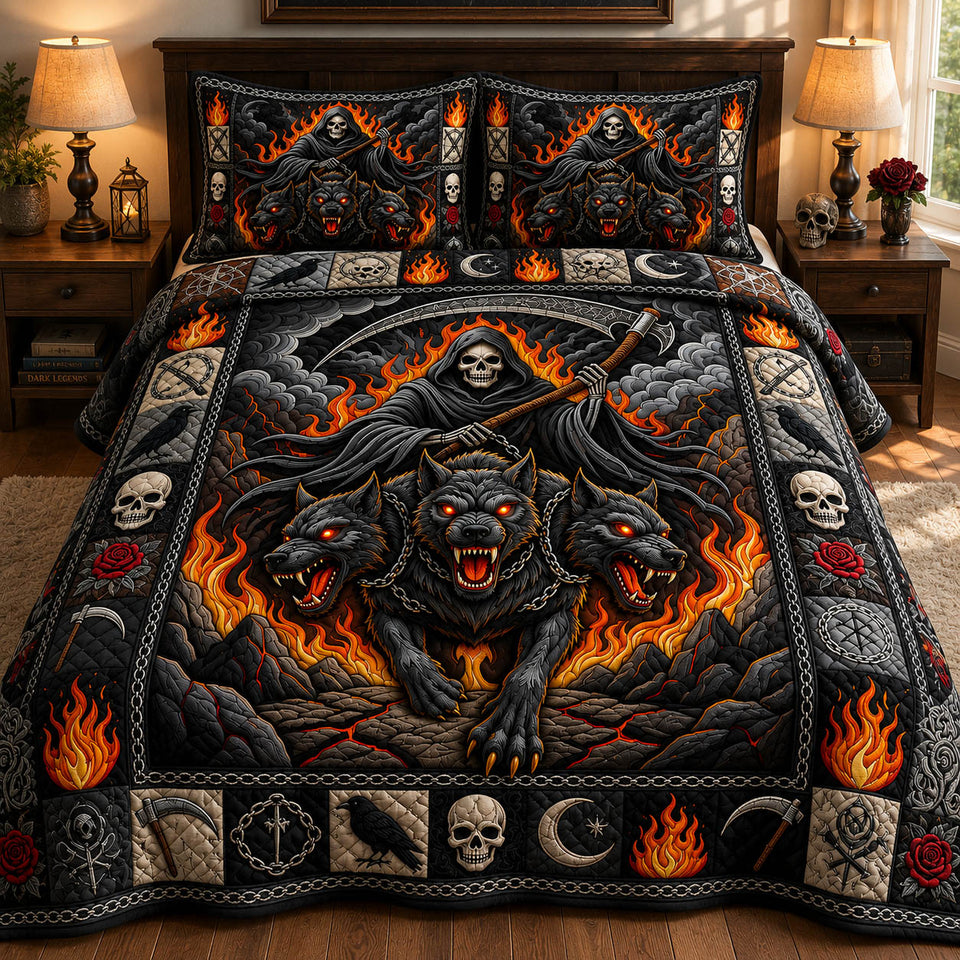 Grim Reaper Wolves in the Flames quilted bedding set, quilt and two pillow shams on a made bed