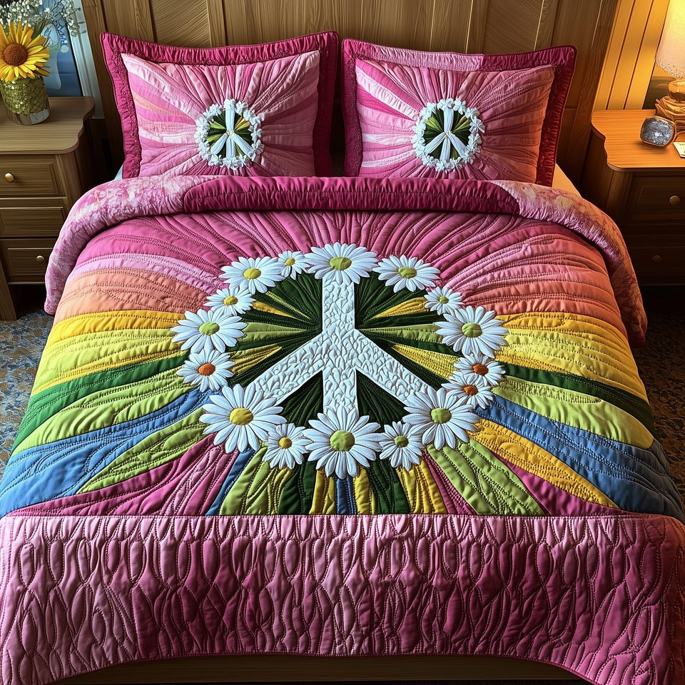 Groovy Dreams Daisy Peace Rainbow quilted bedding set, quilt and two pillow shams on a made bed