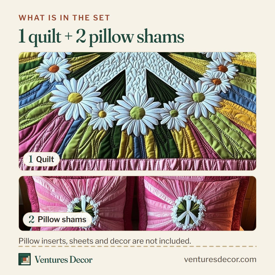 What is in the set: one quilt and two pillow shams, shown in the Groovy Dreams Daisy Peace Rainbow design