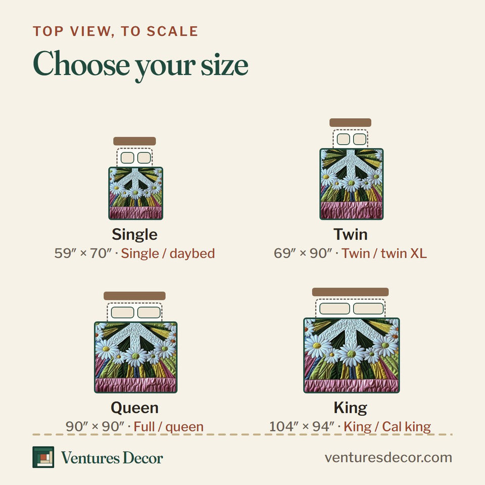 Size guide for the Groovy Dreams Daisy Peace Rainbow quilt, top view to scale: Single 59 x 70 in, Twin 69 x 90 in, Queen 90 x 90 in, King 104 x 94 in