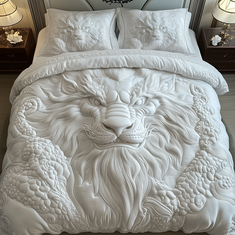 Guardian of the Heavens Cream Lion Relief quilted bedding set, quilt and two pillow shams on a made bed