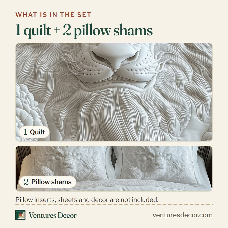 What is in the set: one quilt and two pillow shams, shown in the Guardian of the Heavens Cream Lion Relief design