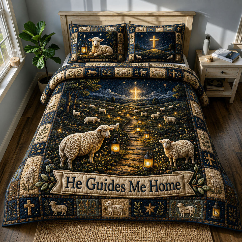 Guided Home quilted bedding set, quilt and two pillow shams on a made bed