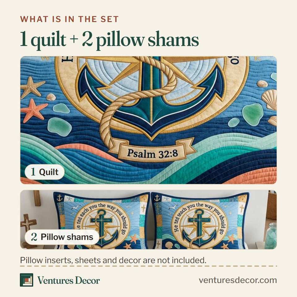 What is in the set: one quilt and two pillow shams, shown in the Guiding Anchor Ocean Waves design