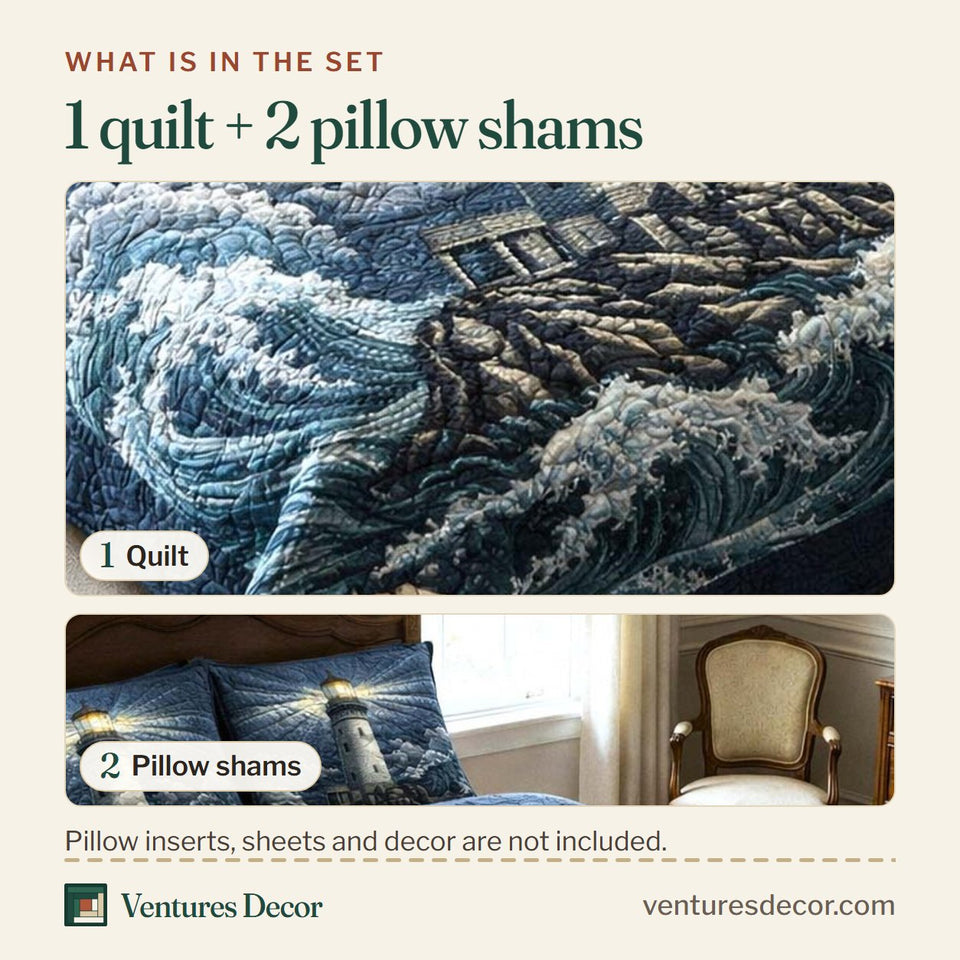 What is in the set: one quilt and two pillow shams, shown in the Guiding Light Storm Waves Navy design