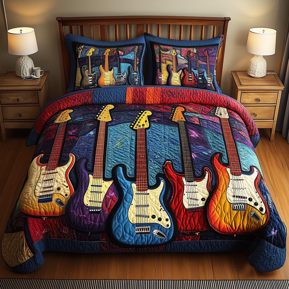 Guitar Five String Row Patchwork quilted bedding set, quilt and two pillow shams on a made bed