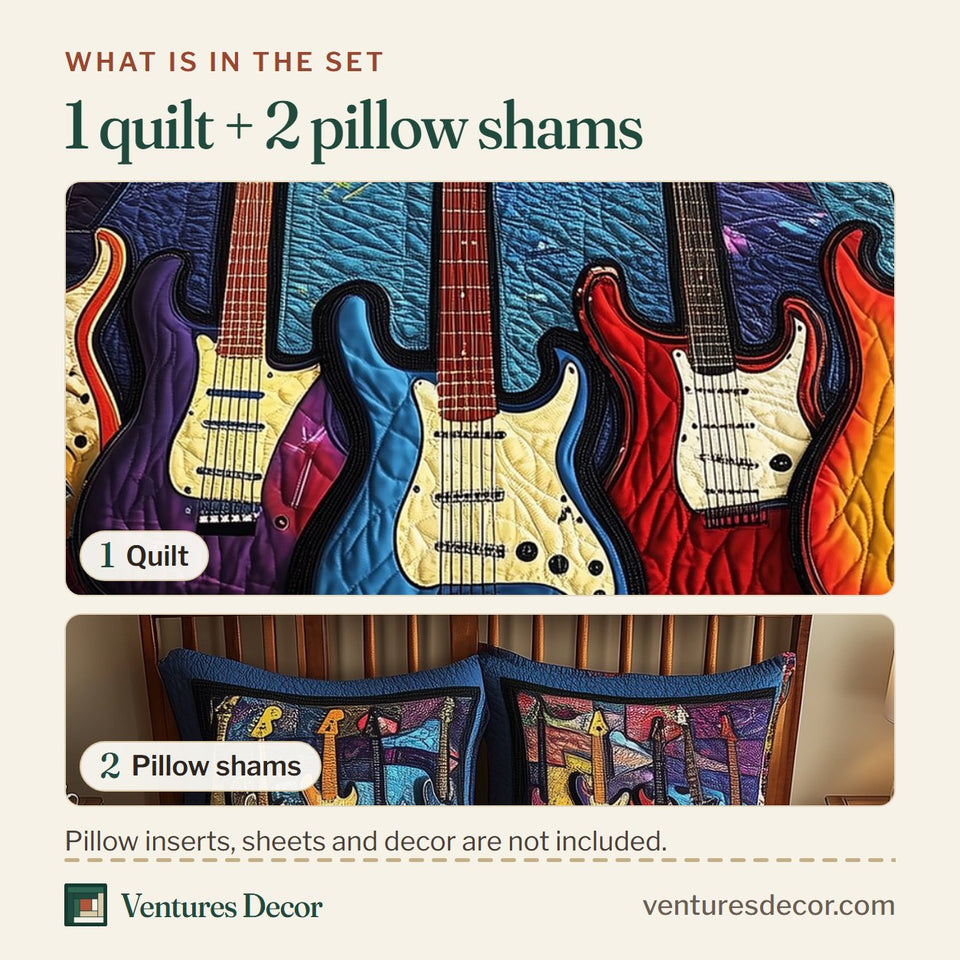 What is in the set: one quilt and two pillow shams, shown in the Guitar Five String Row Patchwork design