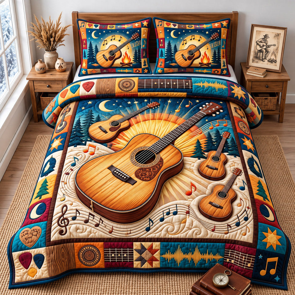 Guitar Lover Electric Guitar quilted bedding set, quilt and two pillow shams on a made bed