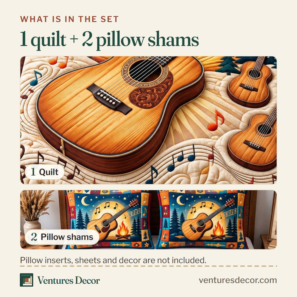 What is in the set: one quilt and two pillow shams, shown in the Guitar Lover Electric Guitar design