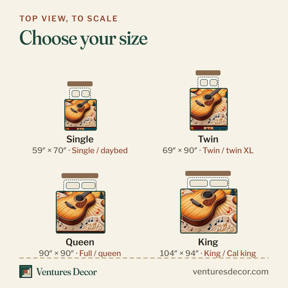 Size guide for the Guitar Lover Electric Guitar quilt, top view to scale: Single 59 x 70 in, Twin 69 x 90 in, Queen 90 x 90 in, King 104 x 94 in
