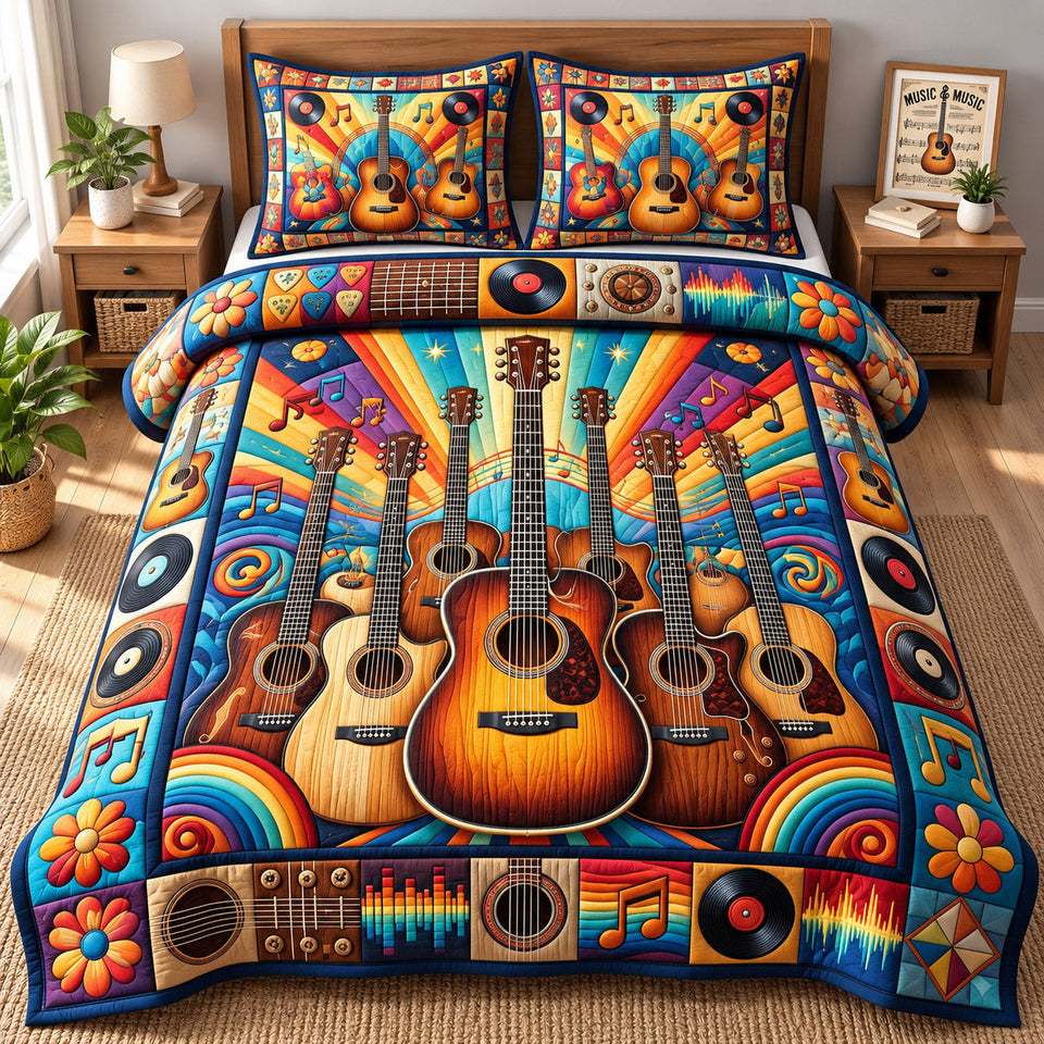 Guitar Lover Guitar Decor quilted bedding set, quilt and two pillow shams on a made bed