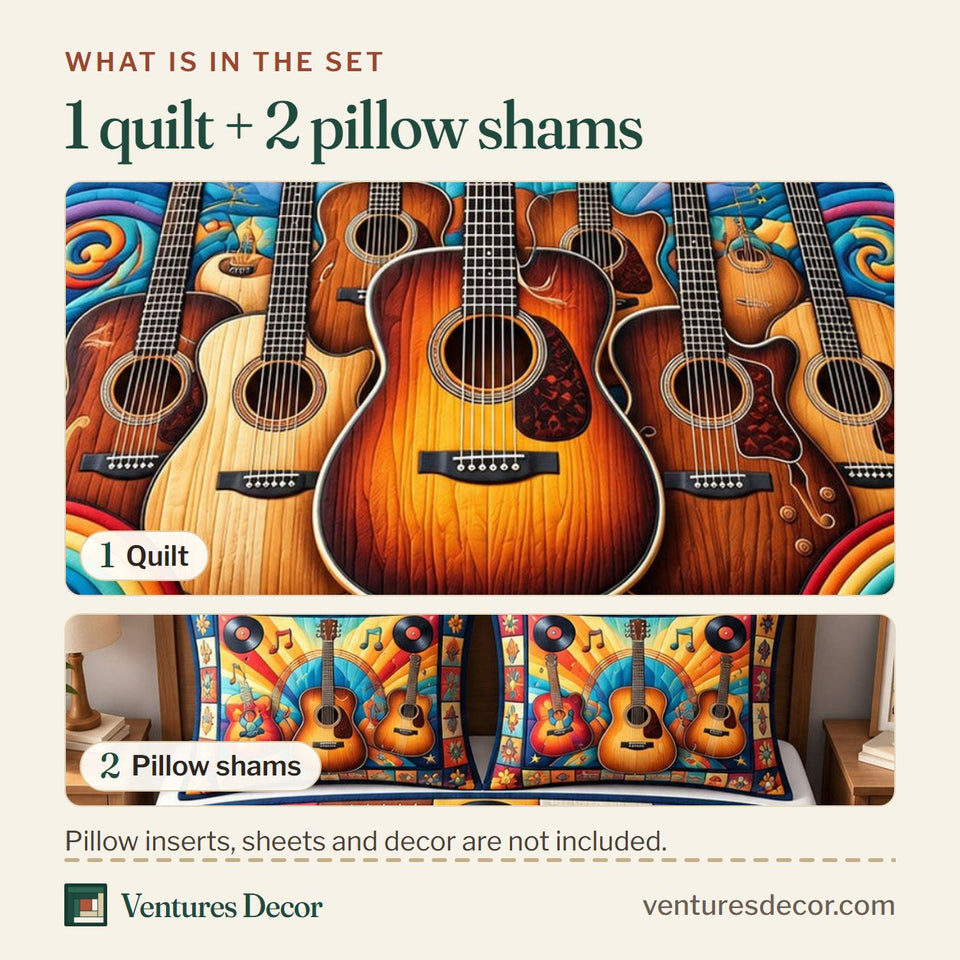 What is in the set: one quilt and two pillow shams, shown in the Guitar Lover Guitar Decor design