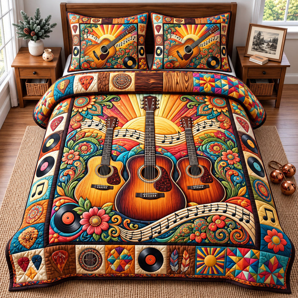 Guitar Lover Guitar Player quilted bedding set, quilt and two pillow shams on a made bed