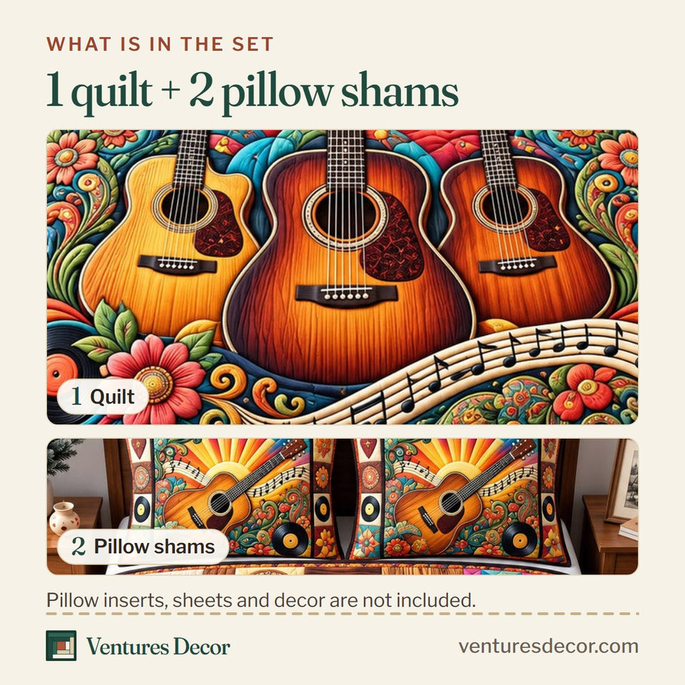 What is in the set: one quilt and two pillow shams, shown in the Guitar Lover Guitar Player design