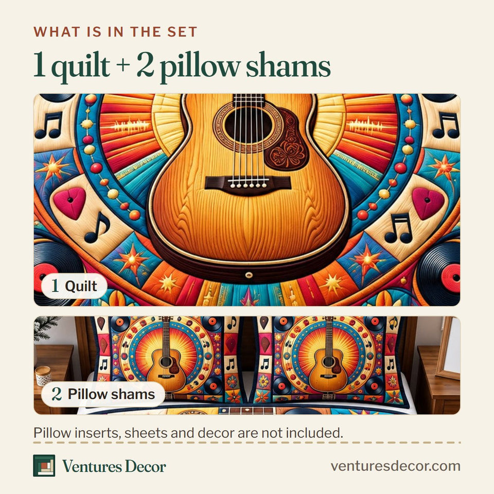 What is in the set: one quilt and two pillow shams, shown in the Guitar Lover design