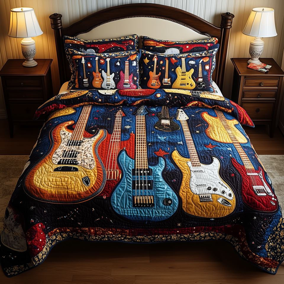 Guitar Starry Night Trio quilted bedding set, quilt and two pillow shams on a made bed