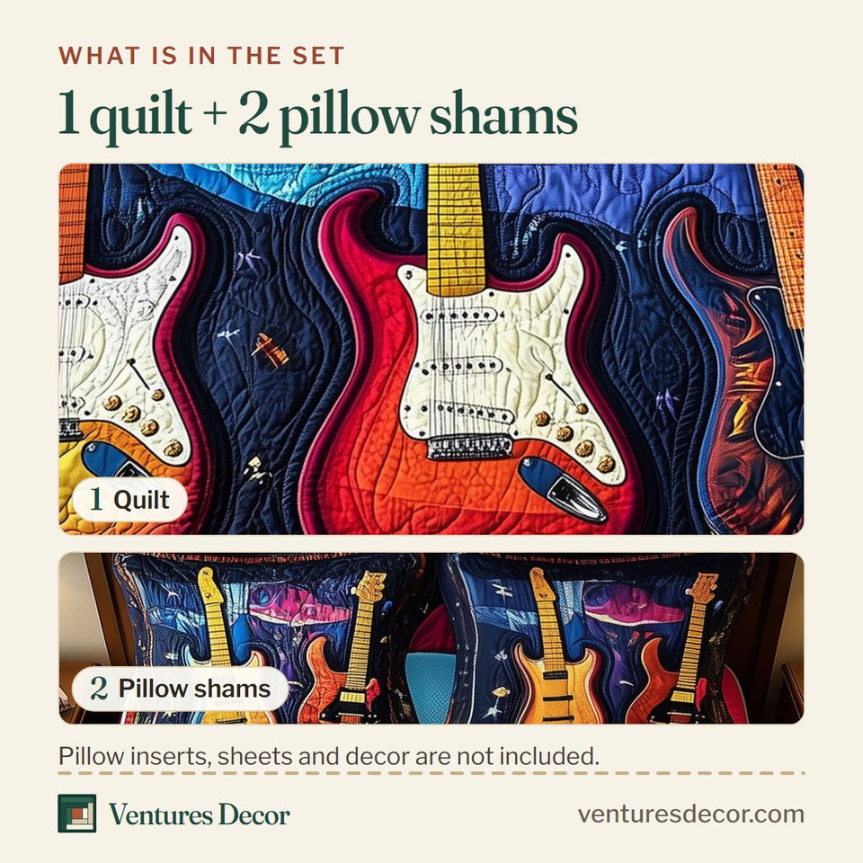 What is in the set: one quilt and two pillow shams, shown in the Guitar Sunset Horizon Trio design