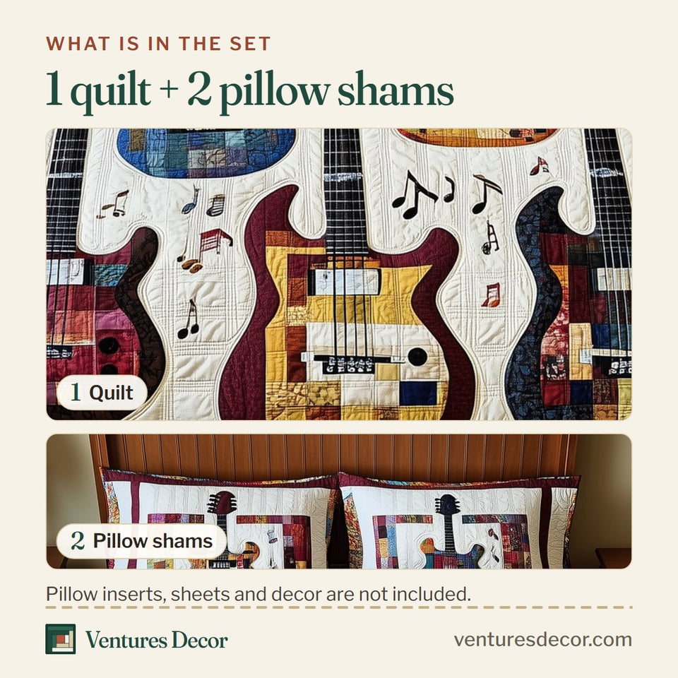 What is in the set: one quilt and two pillow shams, shown in the Guitar Trio Mosaic Jam design