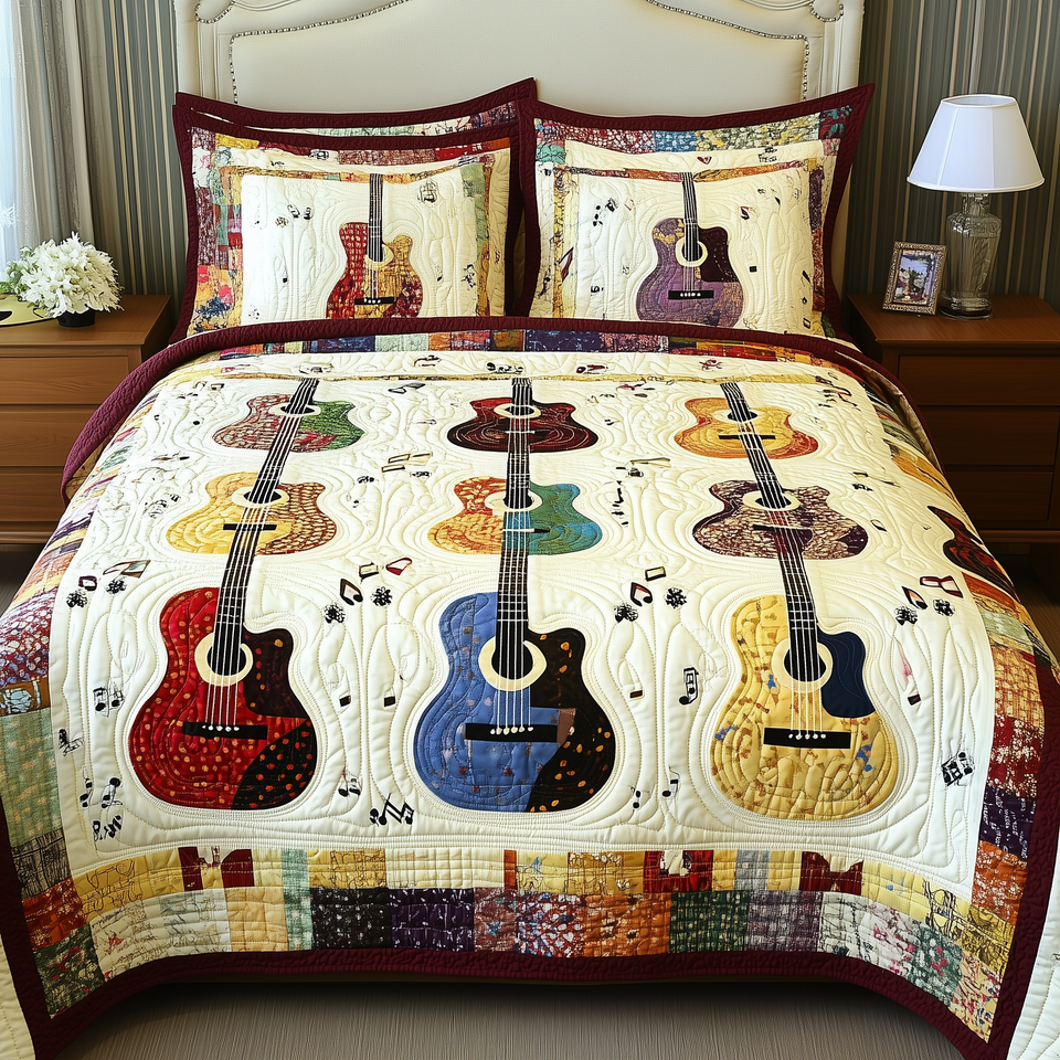 Guitars Cream Panel Patch Border quilted bedding set, quilt and two pillow shams on a made bed