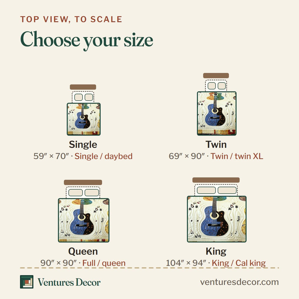 Size guide for the Guitars Cream Panel Patch Border quilt, top view to scale: Single 59 x 70 in, Twin 69 x 90 in, Queen 90 x 90 in, King 104 x 94 in