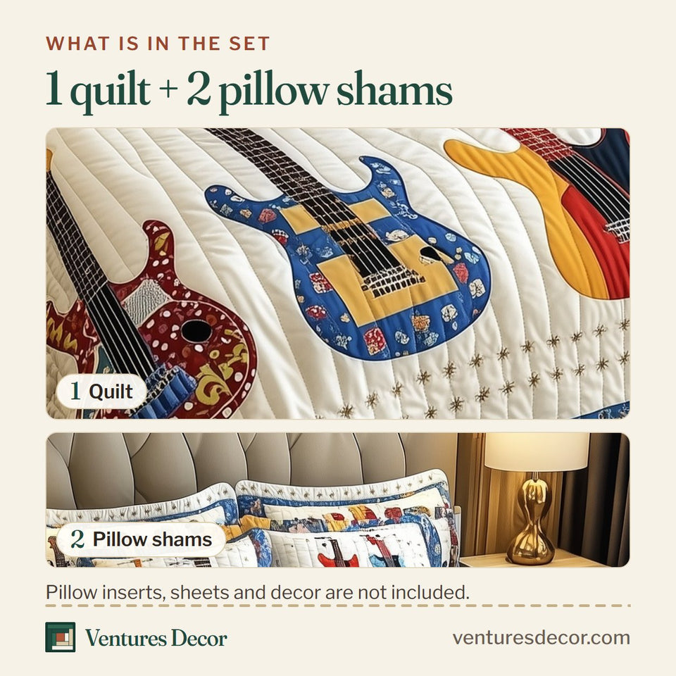 What is in the set: one quilt and two pillow shams, shown in the Guitars Diagonal Cream Blocks design