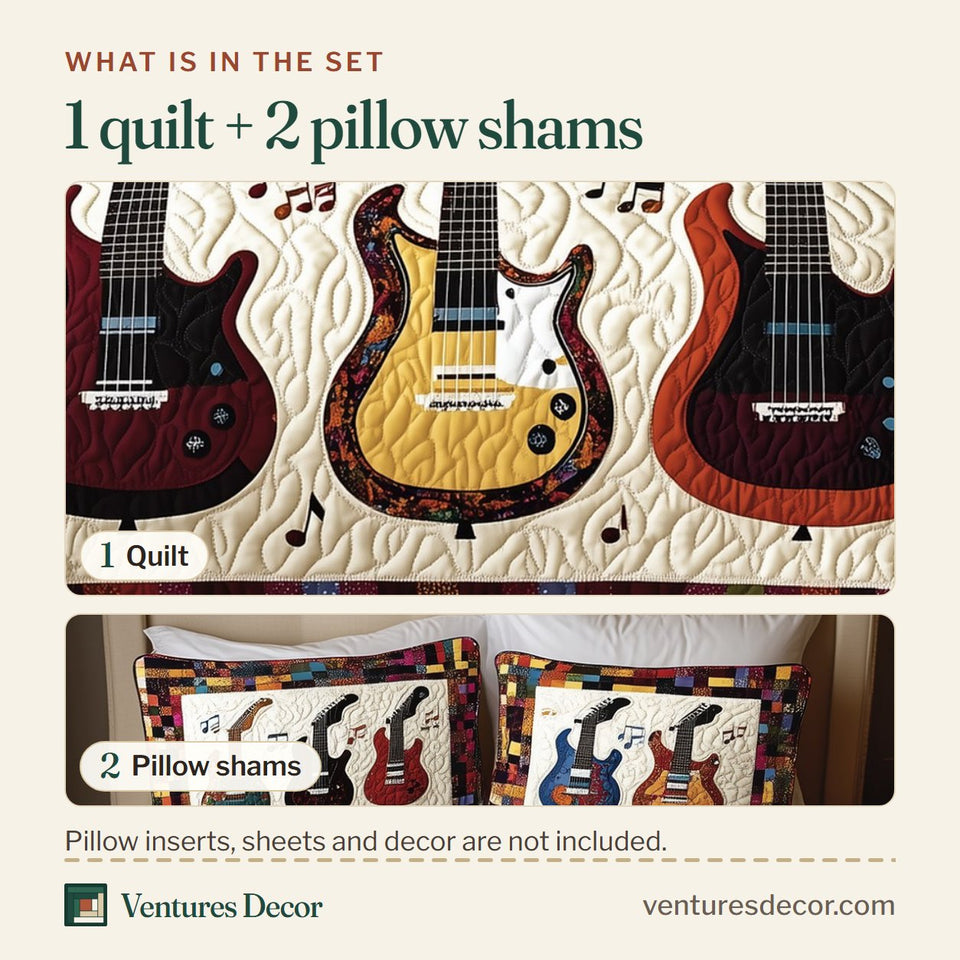 What is in the set: one quilt and two pillow shams, shown in the Guitars Mosaic Tile Border design