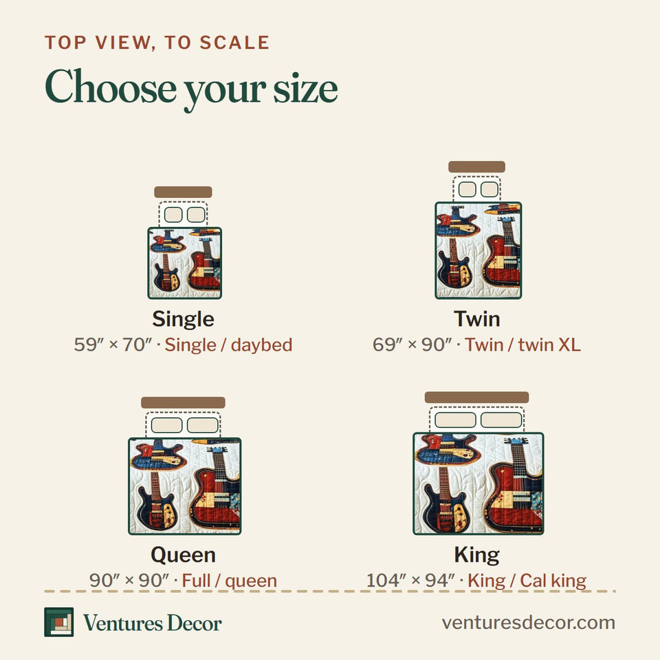 Size guide for the Guitars Six Block Sampler quilt, top view to scale: Single 59 x 70 in, Twin 69 x 90 in, Queen 90 x 90 in, King 104 x 94 in