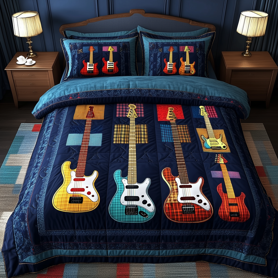 Guitars Teal Column Quartet quilted bedding set, quilt and two pillow shams on a made bed