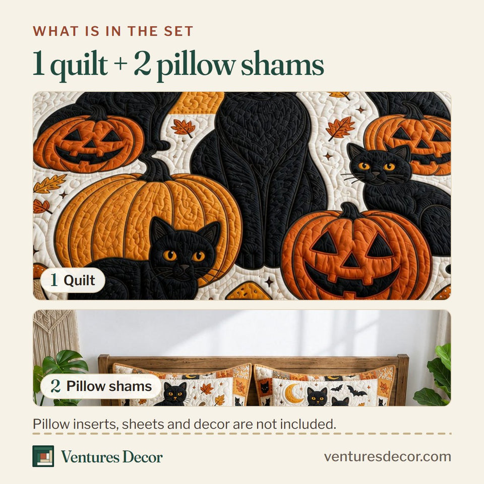 What is in the set: one quilt and two pillow shams, shown in the Halloween Black Cats Pumpkin Patch Trio design