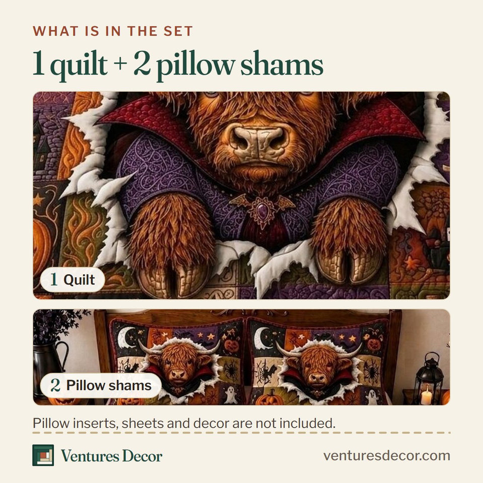 What is in the set: one quilt and two pillow shams, shown in the Halloween Cow design