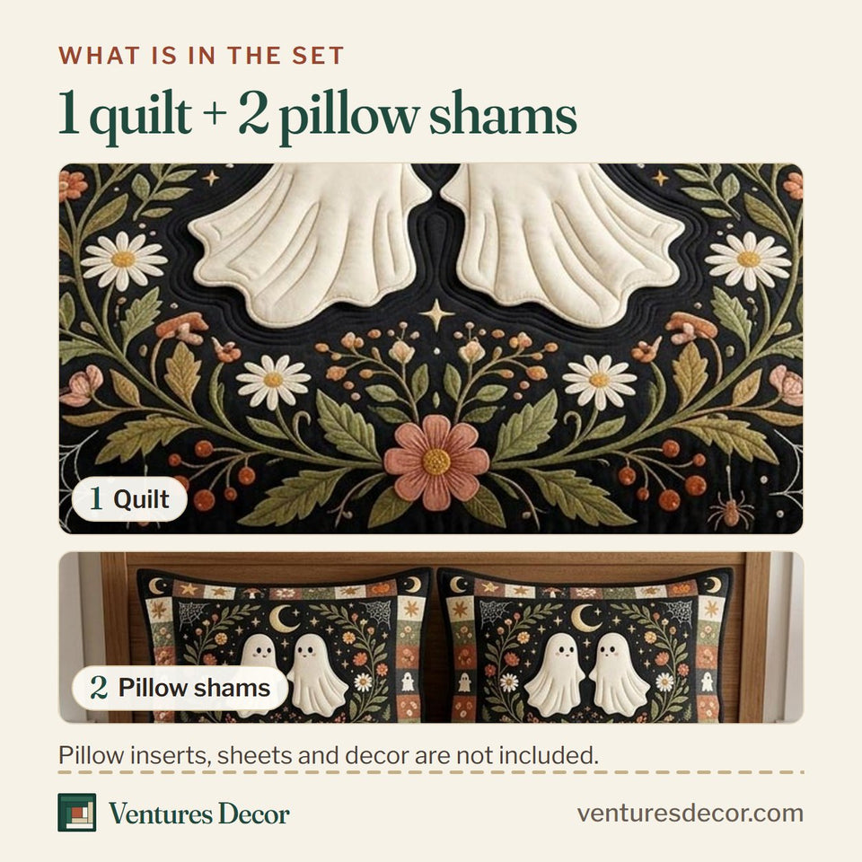 What is in the set: one quilt and two pillow shams, shown in the Halloween Ghost Folk Garden Duo design