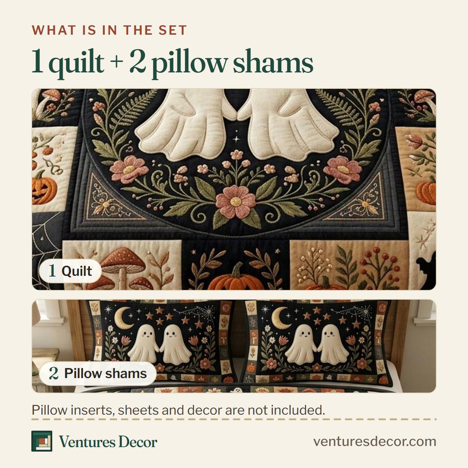 What is in the set: one quilt and two pillow shams, shown in the Halloween Ghost Folk Moon Pair design