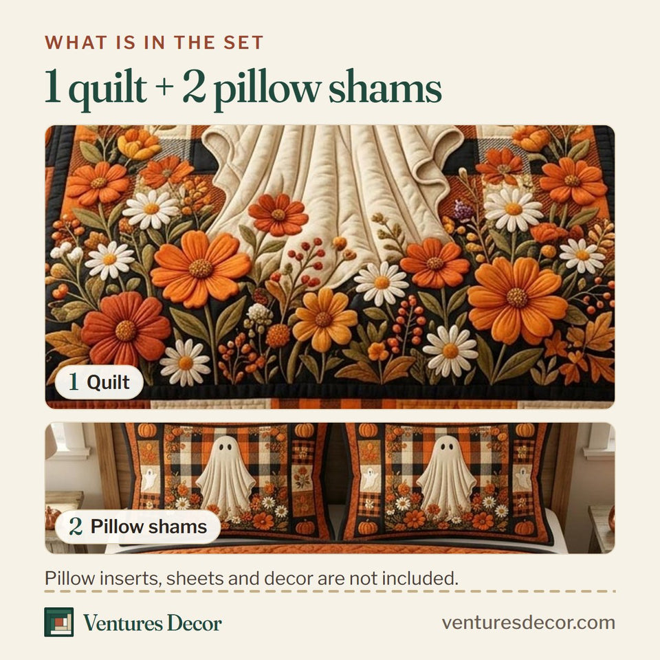 What is in the set: one quilt and two pillow shams, shown in the Halloween Ghost Orange Plaid Bloom design