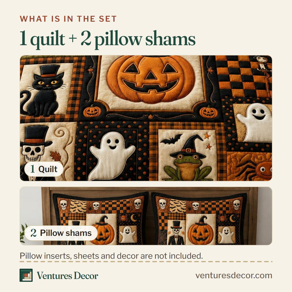 What is in the set: one quilt and two pillow shams, shown in the Halloween Icons Checker Patch design