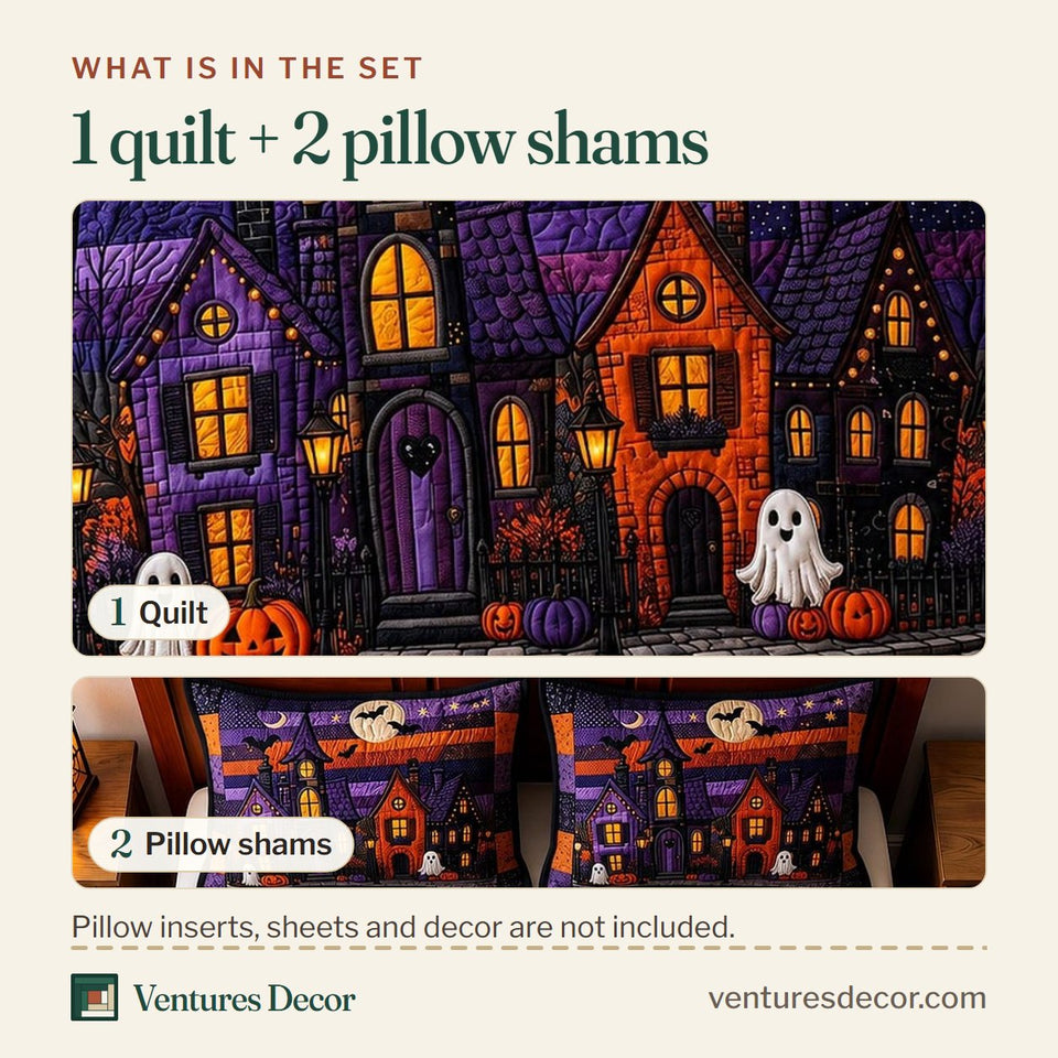 What is in the set: one quilt and two pillow shams, shown in the Halloween Lane design