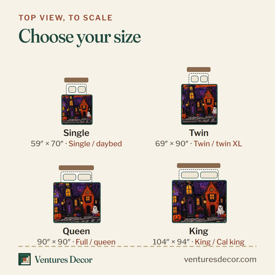 Size guide for the Halloween Lane quilt, top view to scale: Single 59 x 70 in, Twin 69 x 90 in, Queen 90 x 90 in, King 104 x 94 in
