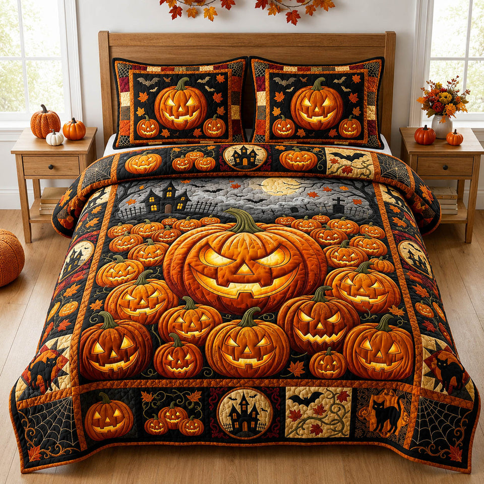 Halloween Pumpkin Pile at the Village quilted bedding set, quilt and two pillow shams on a made bed