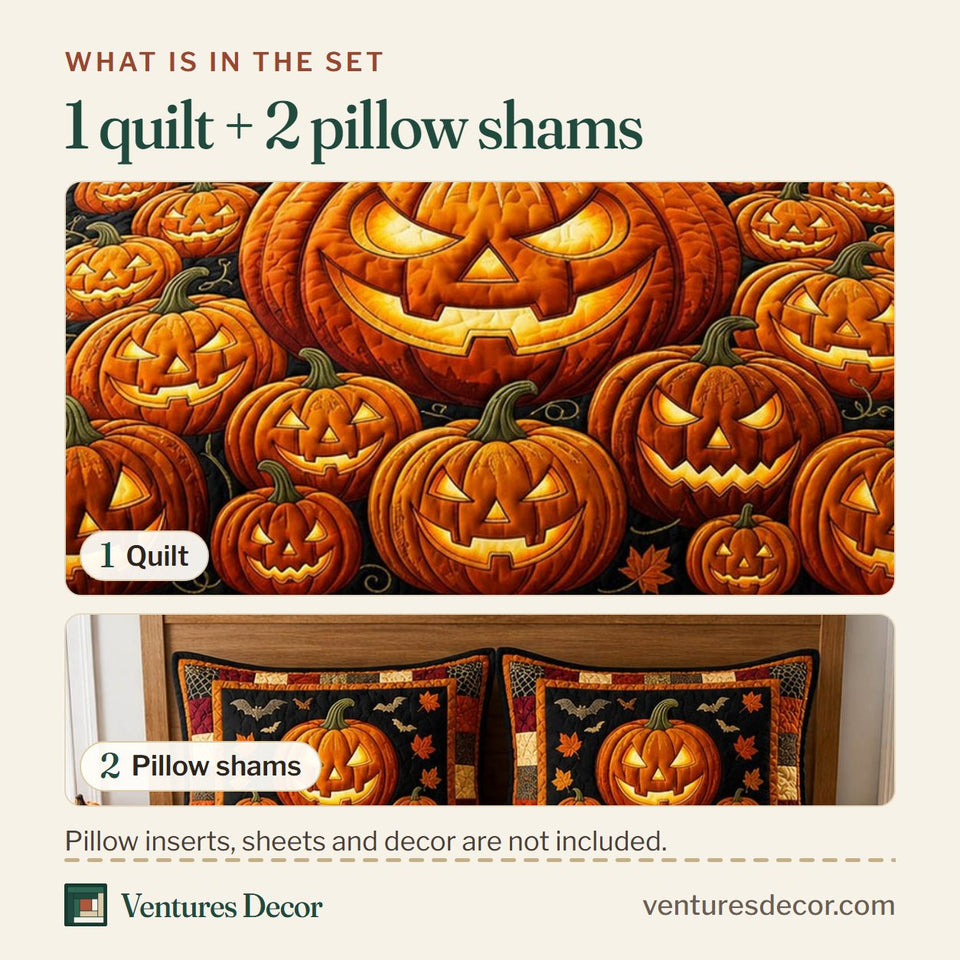 What is in the set: one quilt and two pillow shams, shown in the Halloween Pumpkin Pile at the Village design
