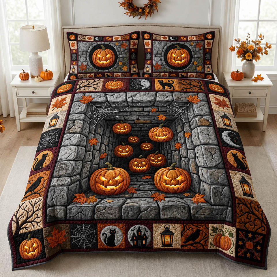 Halloween Pumpkin Stone Wall Lanterns quilted bedding set, quilt and two pillow shams on a made bed
