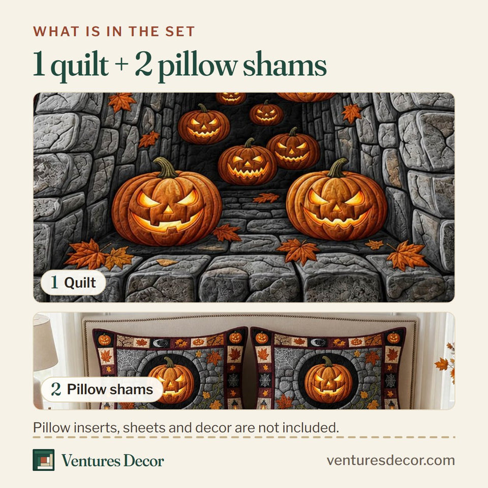 What is in the set: one quilt and two pillow shams, shown in the Halloween Pumpkin Stone Wall Lanterns design